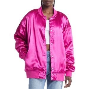 Azalea Wang Pink Oversized Satin Bomber Jacket